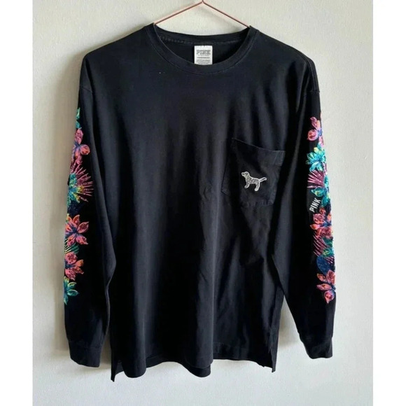 PINK Victoria Secret Womens Long Sleeve Pullover Floral Sweatshirt Black Sz XS/S - Picture 2 of 9